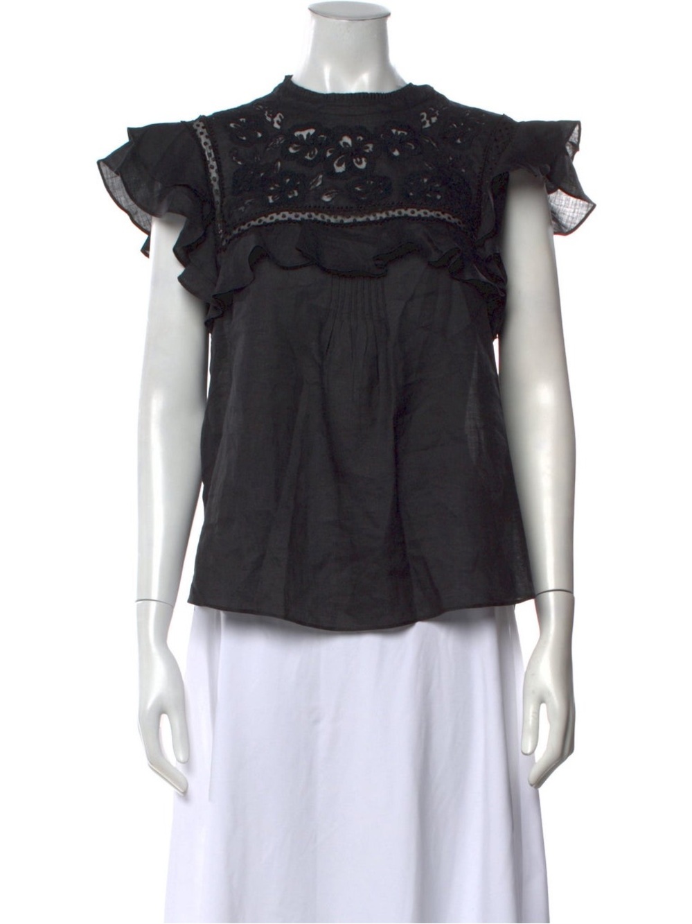 Veronica Beard Black Ruffled Eyelet Short-Sleeve Blouse